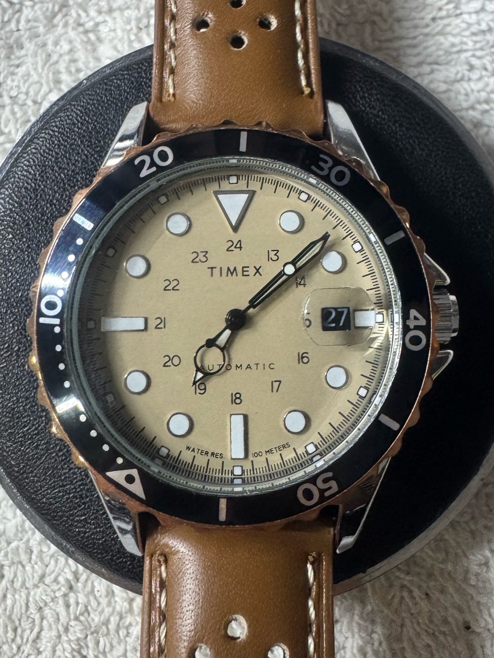 Timex Beige Dial with Black Bezel and Brown Leather Strap Watch